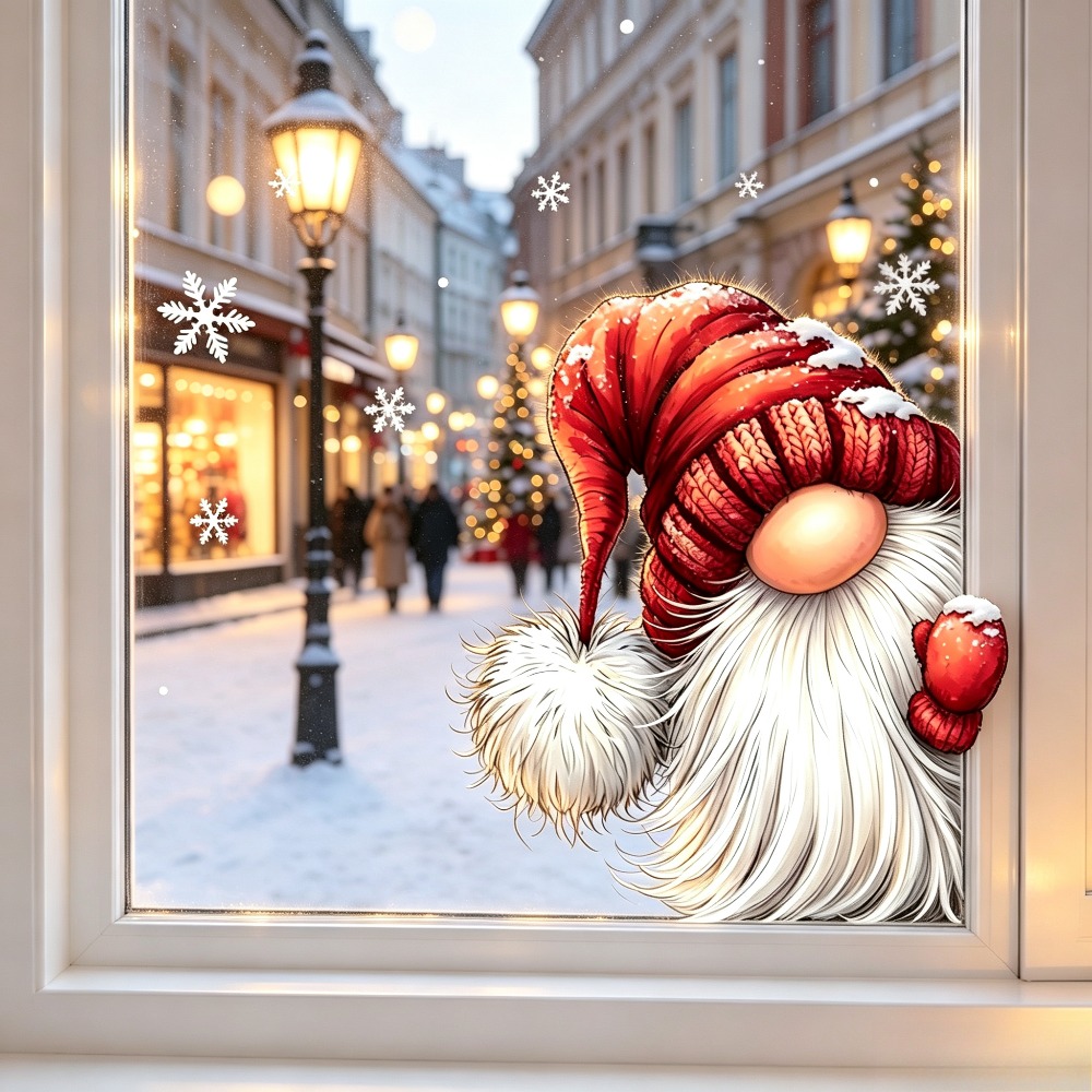 TEMU Set adesivi per finestra con di Natale che sbircia, stile bifacciale - 1 adesivo divertente con elfo senza con barba lunga e cappello a maglia,
