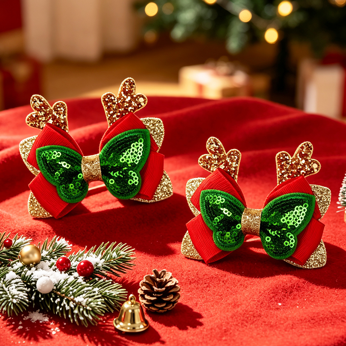 TEMU 2pcs Christmas Cute Reindeer Antler Bow Hair Clips With Sequins Red Green And Golden Glitter End Premium Additions Perfect For Christmas Parties
