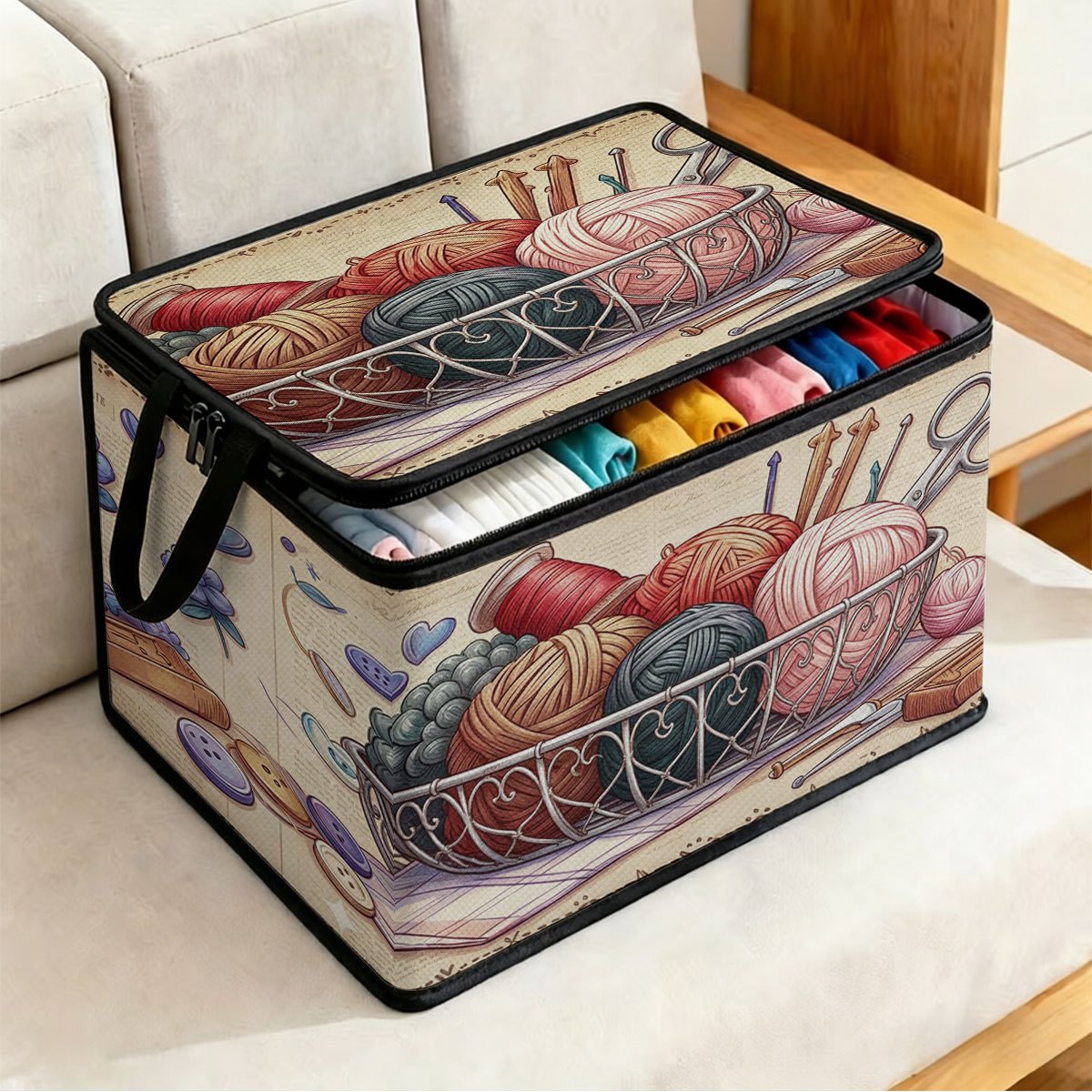TEMU 1pc Extra Large Foldable Zippered Storage Box, Featuring A Vintage Knitted Sewing Tools Bowl Print Design. Suitable For Storing Clothes, Pants,