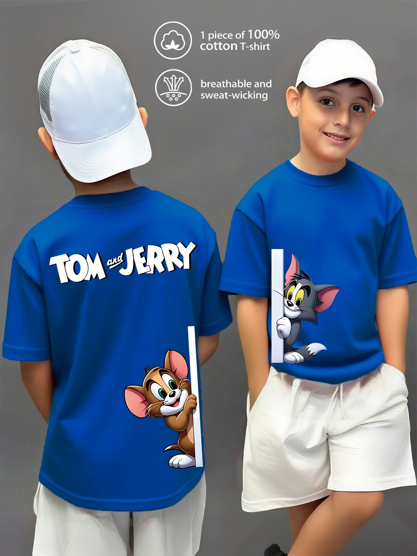 100% Pure Knitted Short-Sleeve T-Shirt, Breathable And Sweat-Absorbing, a Casual And Versatile Round-Neck Short-Sleeve Top for Boys, Featuring a Cute TOM And JERRY Cartoon Print, Machine Washable - Available in 10 Options, Sweat-Resistant