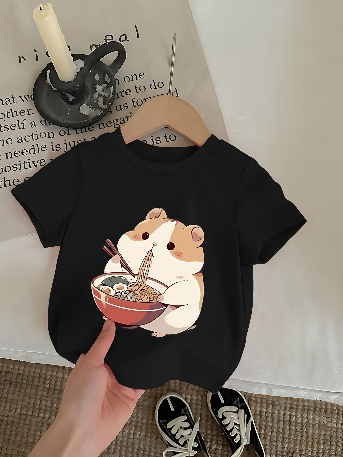 tétel kép fiúk ramenevő hörcsög póló - kawaii stílusú rövid ujjú kereknyakú póló, aranyos hörcsög és ramen  , tavaszi-nyári hétköznapi   10 éves fiúknak, ajándék hörcsögkedvelőknek
