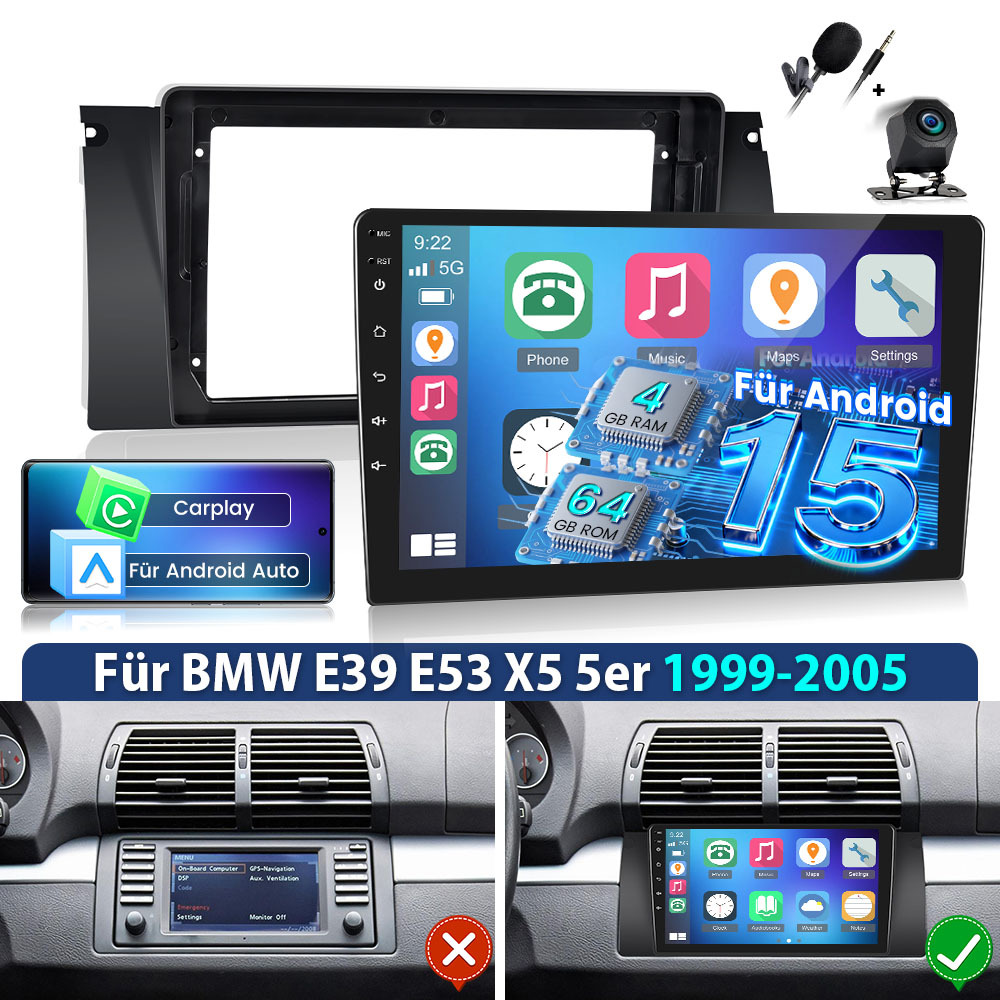 4gb+64gb 15 Car Radio | For E39 E53 X5 5er 1999-2005, 9inch Ips Screen With Gps Navi, Wifi, Eq, Swc, , Fm Rds, Hd Camera, Mic, , Auto, Usb Auxiliary Input