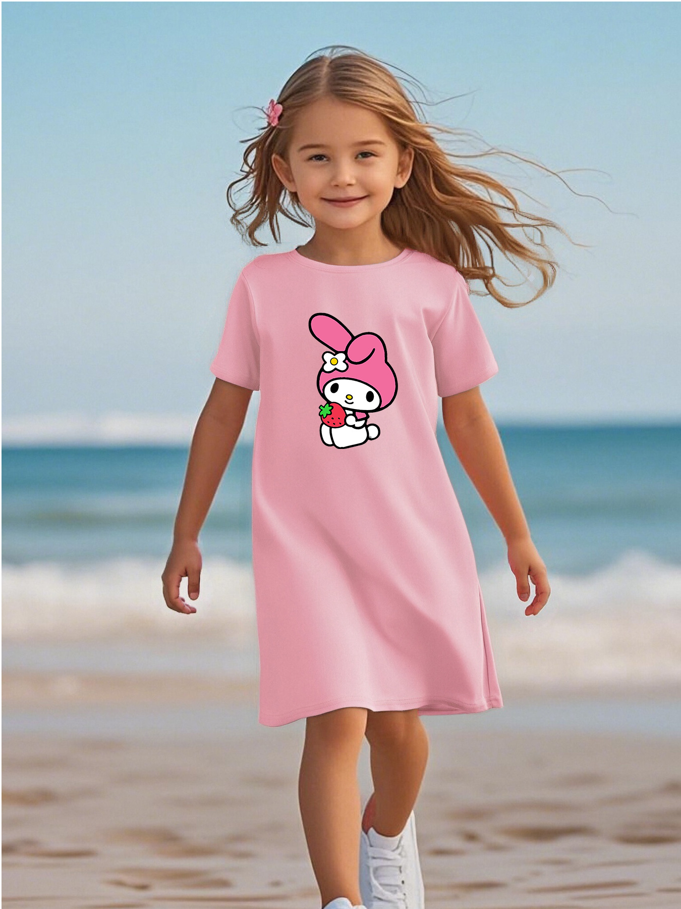 girls' summer knee length dress cartoon print puff sleeves Temu