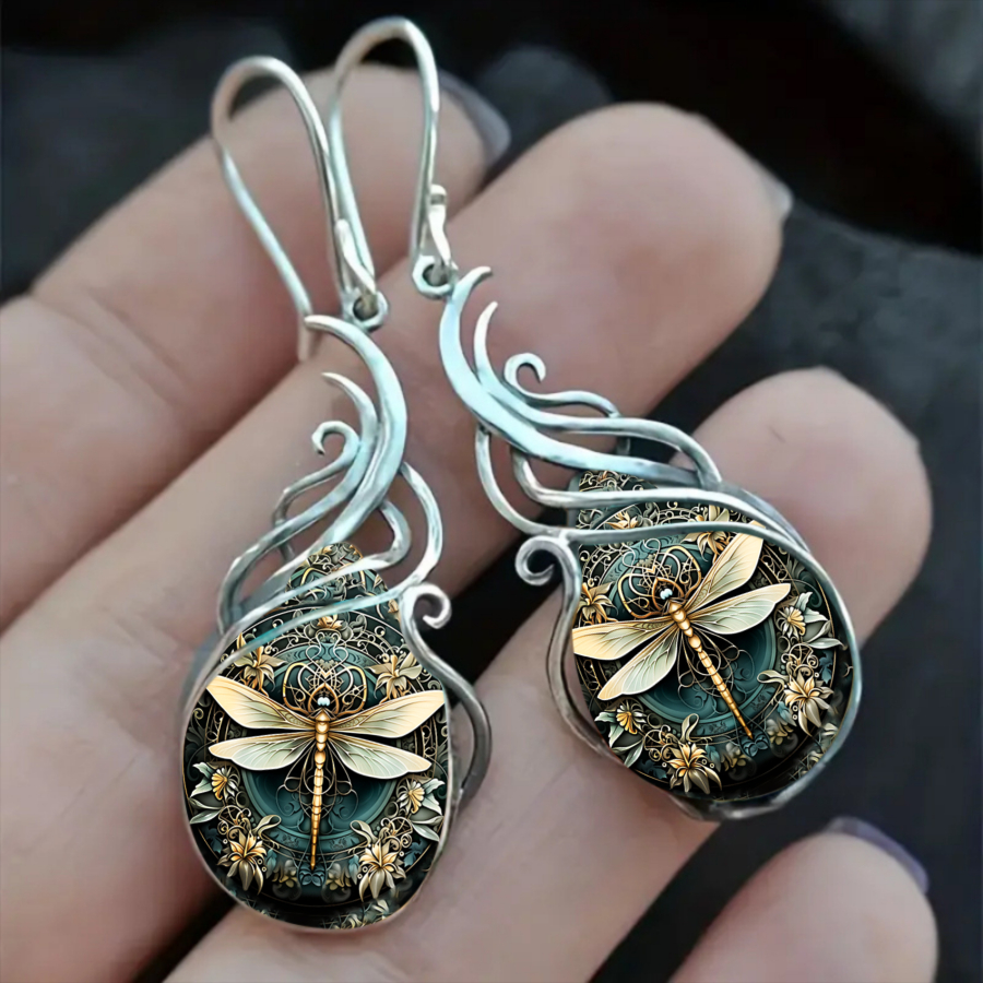 TEMU 2pcs Set Of Dragonfly Earrings| Artistic Teardrop Pendant Earrings, , Elegant Luxurious Alloy Glass Mosaic, Suitable For Daily Wear, Holidays,