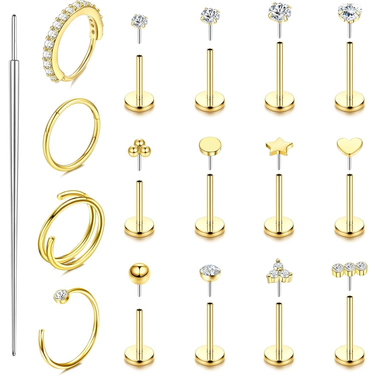 Image of 2d Flat, 16pcs Nose Rings Studs Hoops For Women Men Hypoallergenic Surgical Steel Push In Flat Back Earrings Helix Tragus Lip Cartilage Nostril Piercing Jewelry