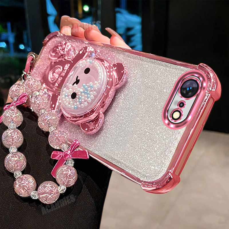 TEMU Phone Case: Acanries Luxury Star Bead Wrist Strap Chain Lanyard With Cute Bead Bear Folding Stand Holder And Plating Gradient Glitter Shockproof