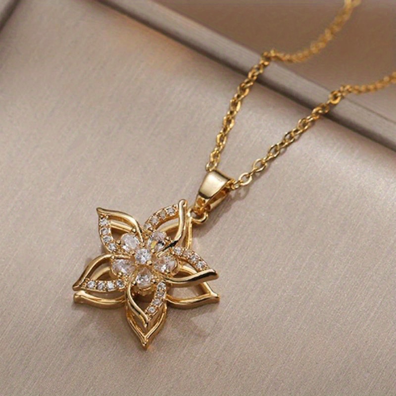 E-shop 360° Drehbarer Blumenanhänger Halskette für Damen Edelstahl Fünfblatt-Ketten Geburtstagsgeschenk Schmuck 2025