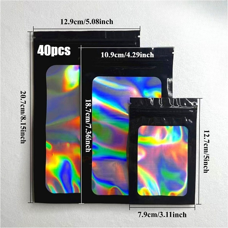 TEMU 40-pack Black Holographic Laser Bags, Thickened Reusable Seal Bags With Zipper Closure, Gift Packaging Bags For Holiday Parties, Transparent