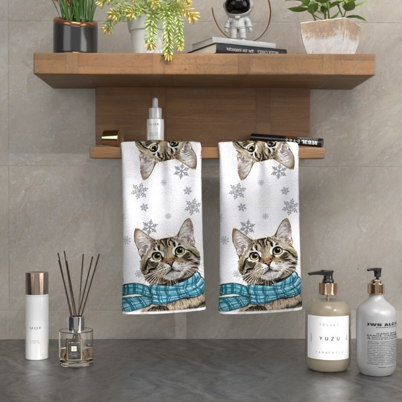 

2pcs Soft Cat & Towel Set, 18x26 Inches - Absorbent Polyester Hand Towels With Cute , Blue Scarf Detail - Ideal For Kitchen, Bathroom, Gym - Perfect Gift For Cat Lovers, Cat Towel