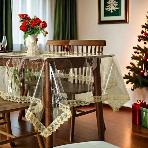1pc vinyl tablecloth with elegant lace trim thickened pvc rectangle table cover protector oil spill proof clean for dining tables parties