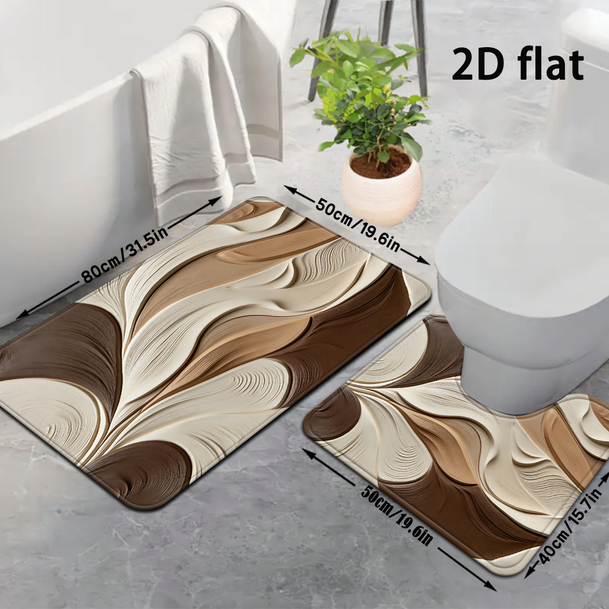 TEMU 2d Flat, 2d Flat Printing 2pcs Beige Coffee Abstract Ripple Bathroom Mat Set, Modern Minimalist Style With Natural Texture, Bathroom Rug,