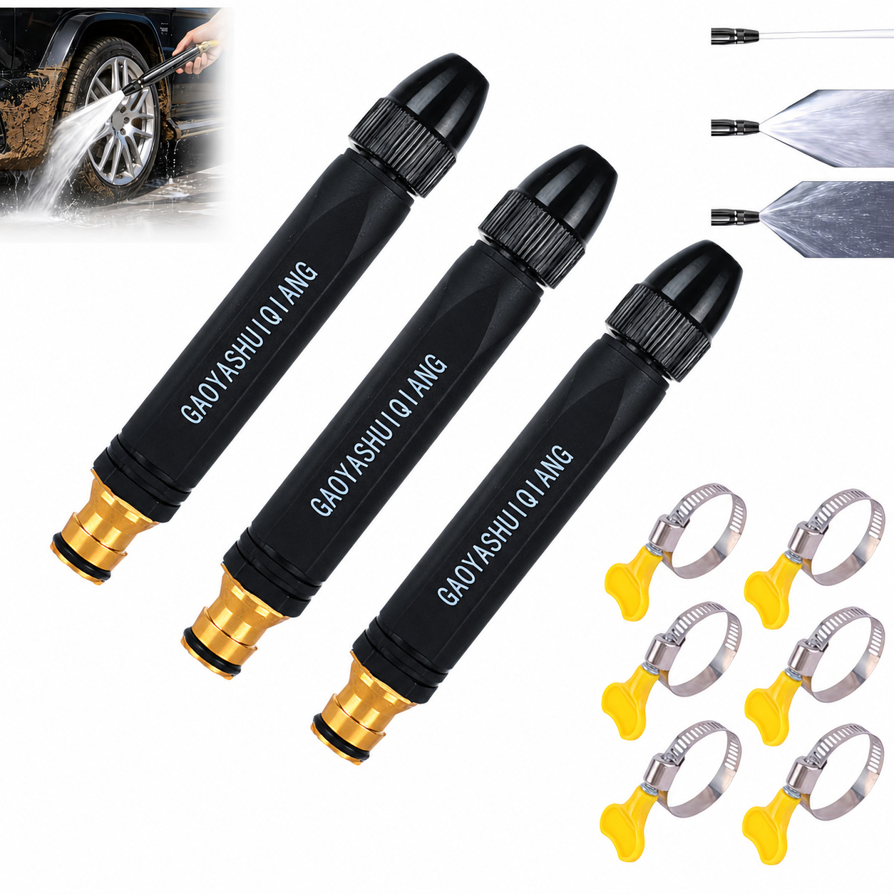 TEMU 9pcs/3 Sets Of Household High-pressure Car Wash Water Guns, With Booster Nozzles, Powerful Water Guns, Essential For Lawn Care, With Hose Clamp,