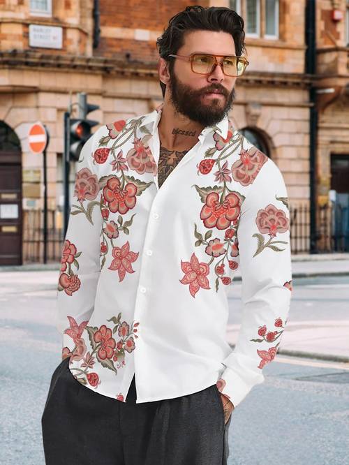 photo de l'article chemise décontractée à manches longues pour hommes, motif floral rétro rouge- , base blanche , pour les réunions festives, et shabiller en toute occasion, tissu en polyester lavable en machine, chemise à imprimé boutonnée