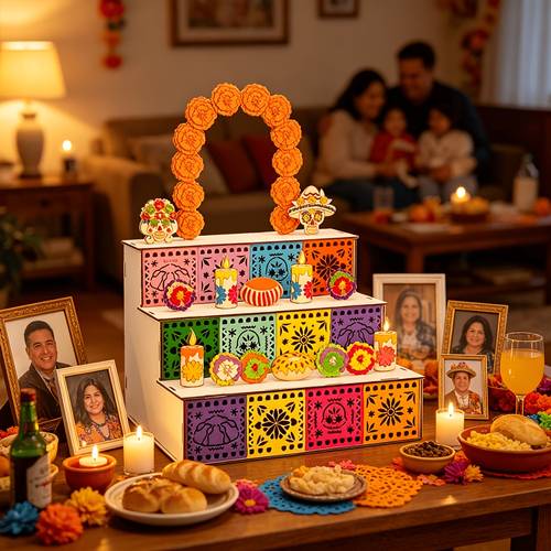 halloween three tier stepped wooden party table centerpiece main structure of with hollow colored patterns on the sides top decorated with chrysanthemum wreath and skull ornament layers with candles flowers