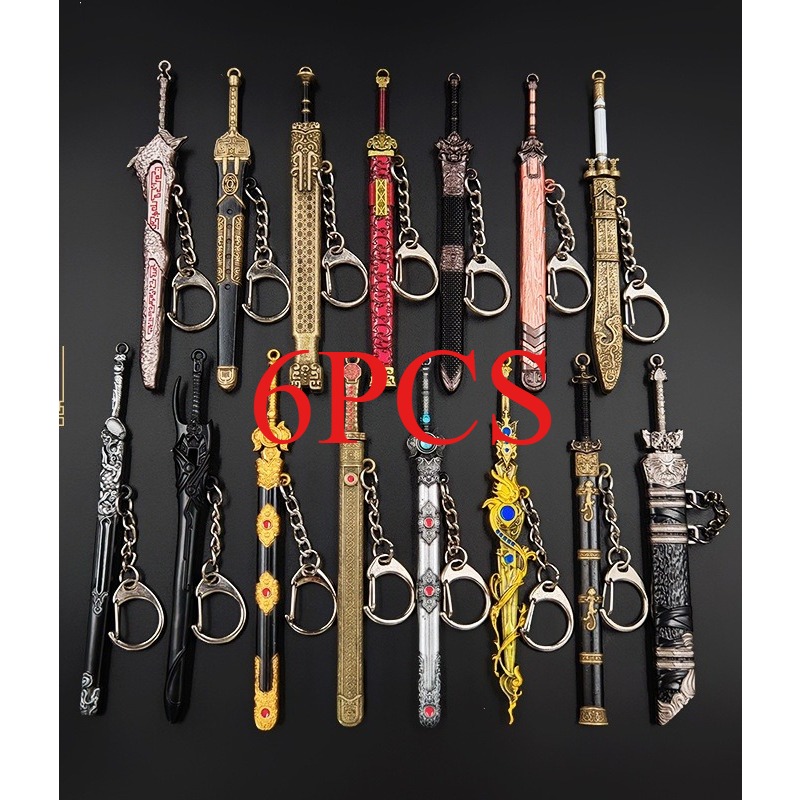 TEMU Random 6pcs Ancient-style Cold Weapon Models, Including Styles Like Sword, Sword, And Cold Sword, Mini Metal Keychain Pendants, With A Of