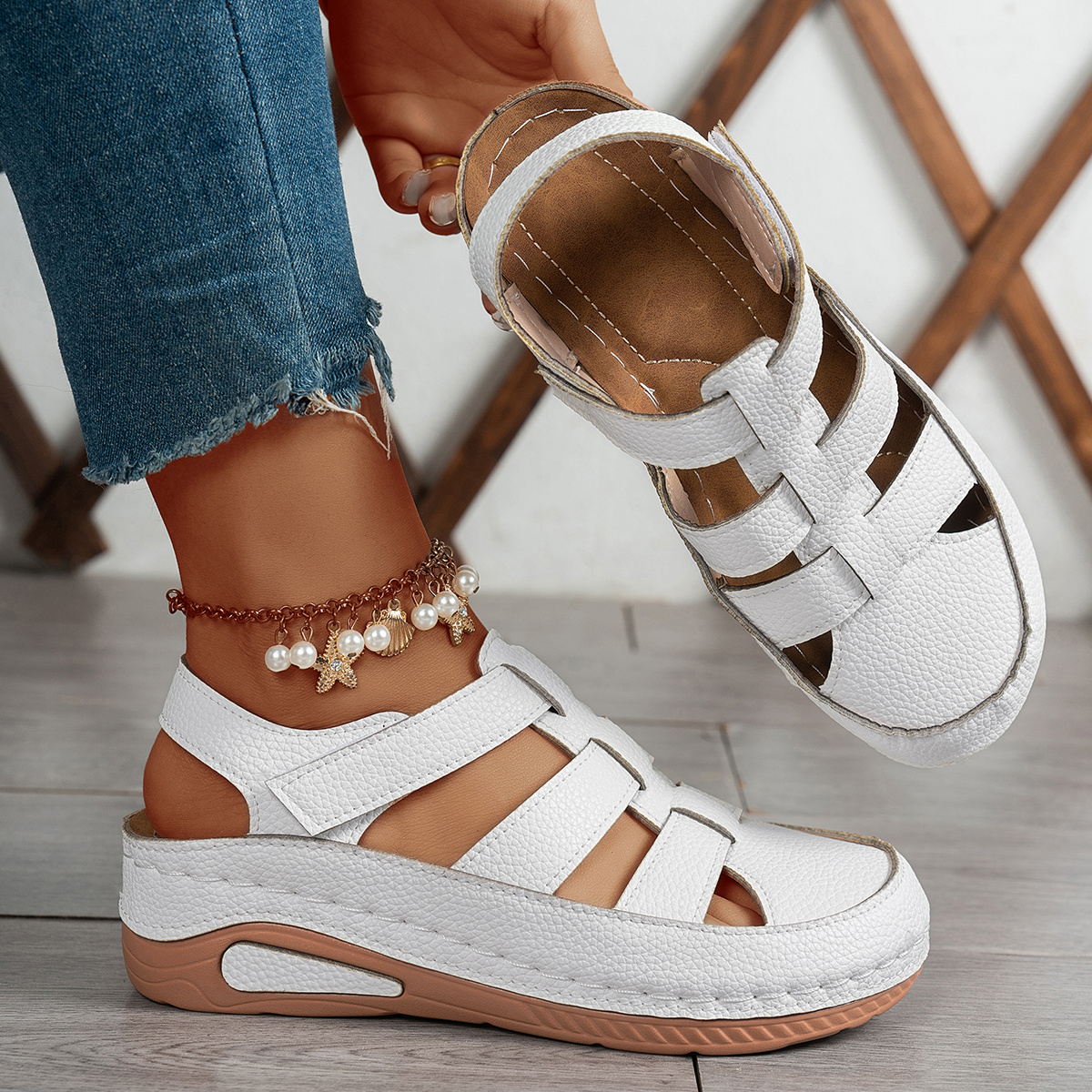 TEMU Zapatos de exterior cómodos y modernos, sandalias de cuña para mujer, diseño hueco y transpirable, cierre ajustable de, zapatos de mujer ligeros