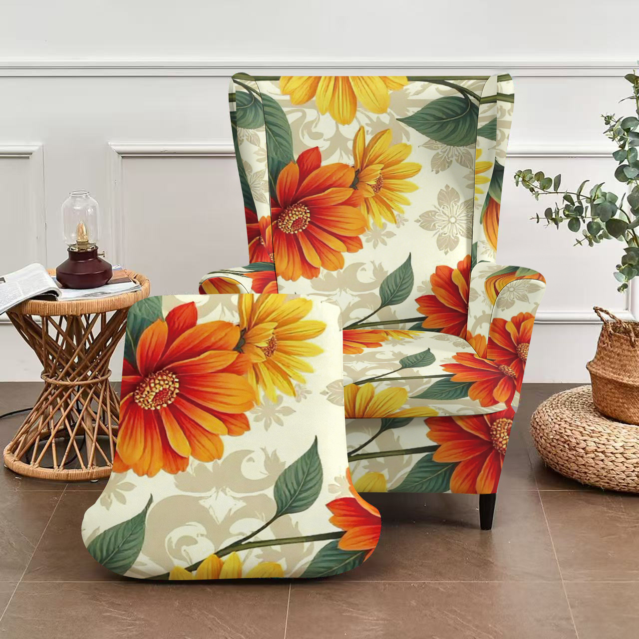 TEMU 2d 2pcs/set Spring/summer Floral Print Tiger Bench Slipcover, Single Seat Armchair Back Sofa Cover, Fashionable And Popular Gorgeous Floral