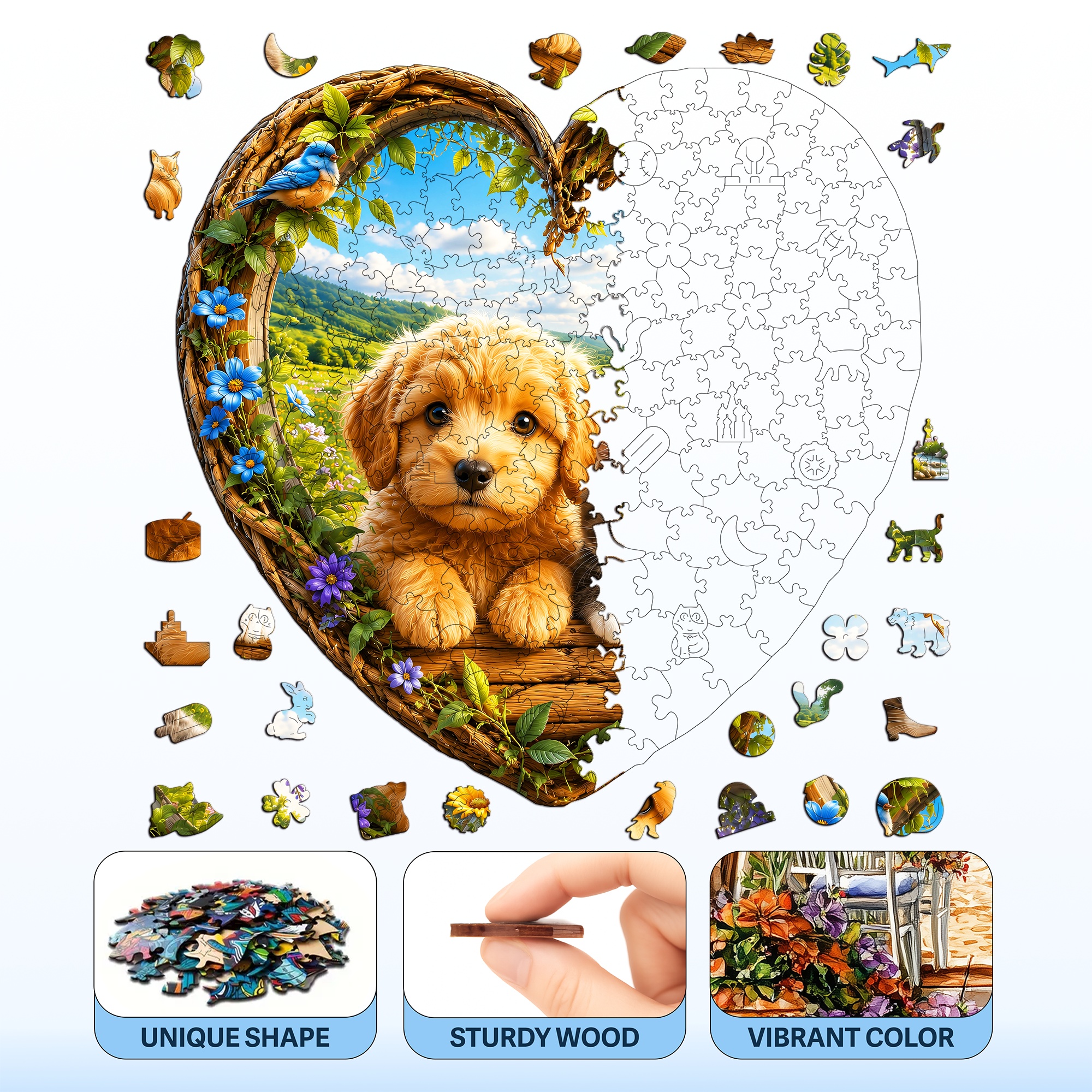 Puppy and Kitten Garden Scene Flat Wooden Puzzle for Kids