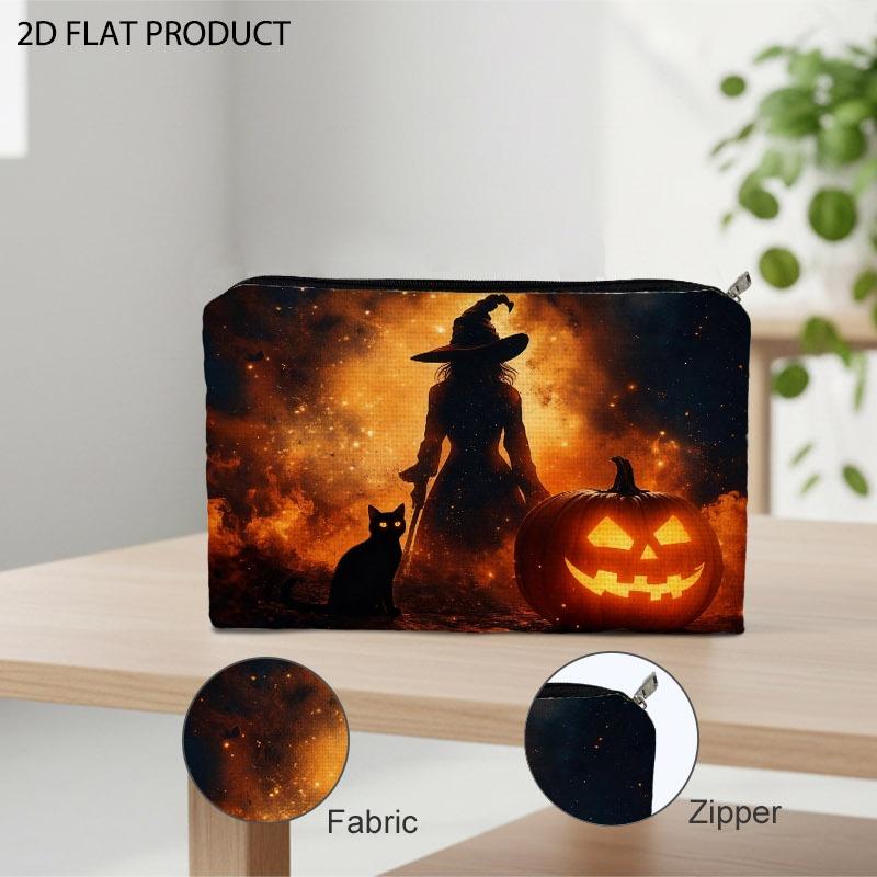 zdjęcie przedmiotu 1/3/5 szt. kosmetyczka halloween wiedźma i świecący czarny kot jack-o-lantern z nadrukiem, dwustronna wytrzymała poliestrowa saszetka na kosmetyki, dostępne różne specyfikacje, idealna do podróży i codziennego przechowywania kosmetyków