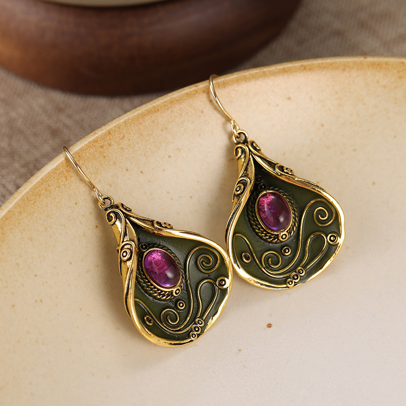 Vintage Inlaid Purple Resin Drop Earrings for Women