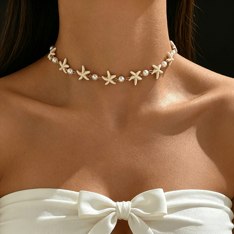TEMU Collana da 1 pezzo con stella marina artificiale e perline bianche a tema estivo, collana a catena stile boh矇mien, collana da donna, materiale
