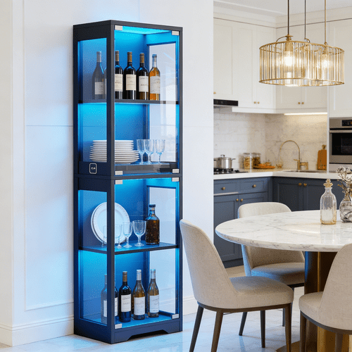 single door glass display cabinet 4 tier with 3 led lights sensor large capacity storage for tableware cups room living room black white