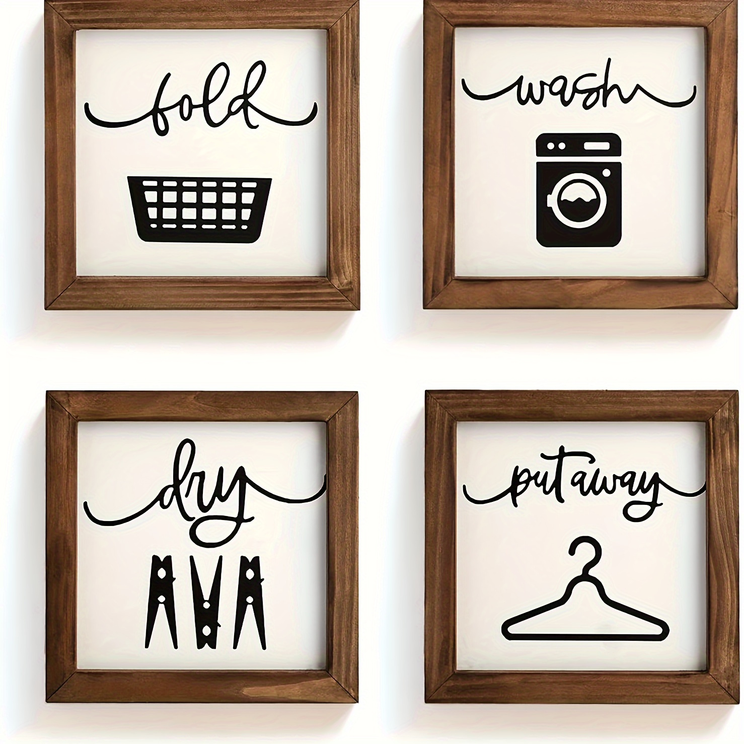 TEMU 2d Flat Design 4pcs Country Style Laundry Room Wall Art â Handcrafted Wood, Includes Fold, Wash, Tumble Dry, And Storage Icons â No Electrici
