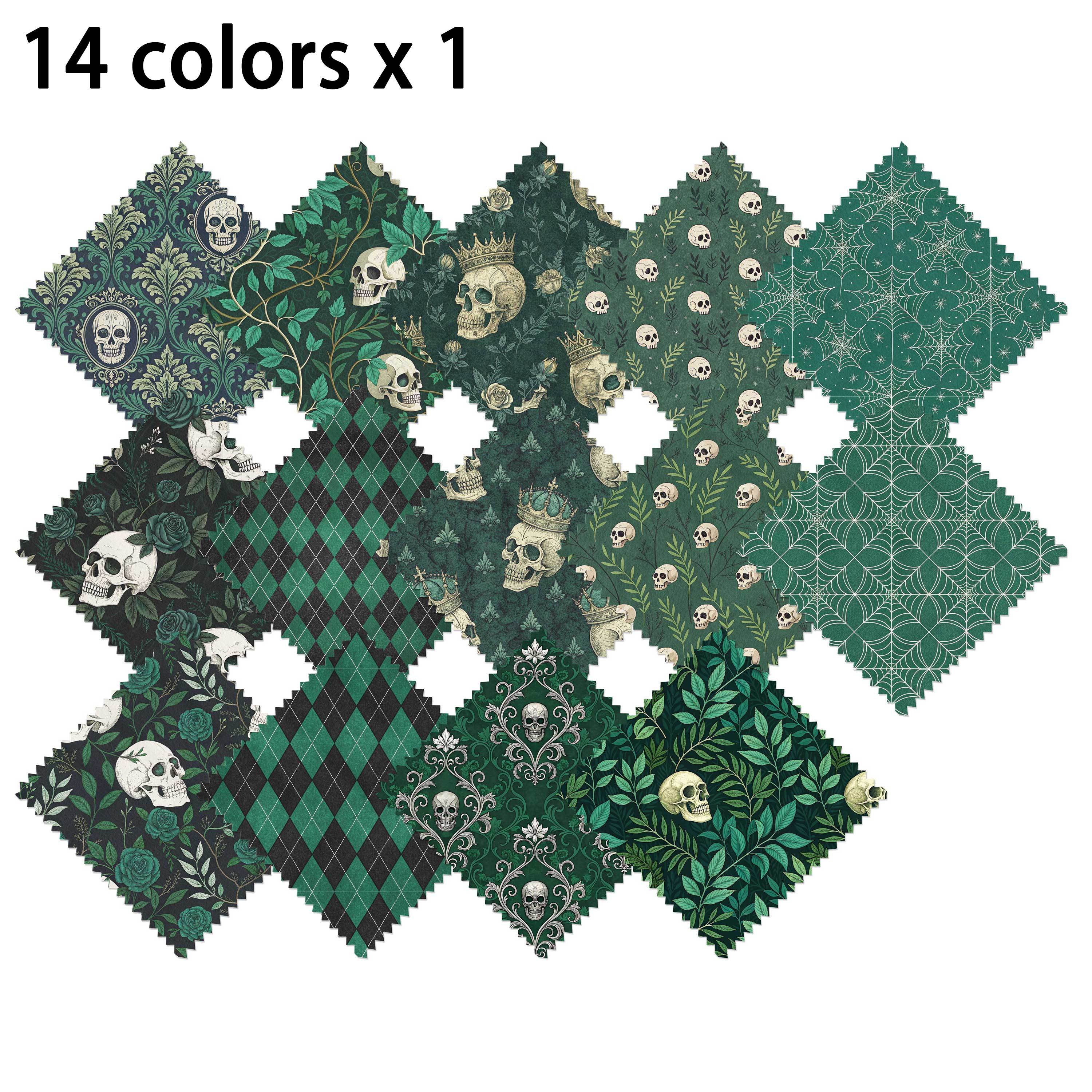 TEMU Ensemble de tissus patchwork Halloween 14 pièces pour gâteau à plusieurs étages, motif rétro vert foncé avec crânes, motif à carreaux noir et
