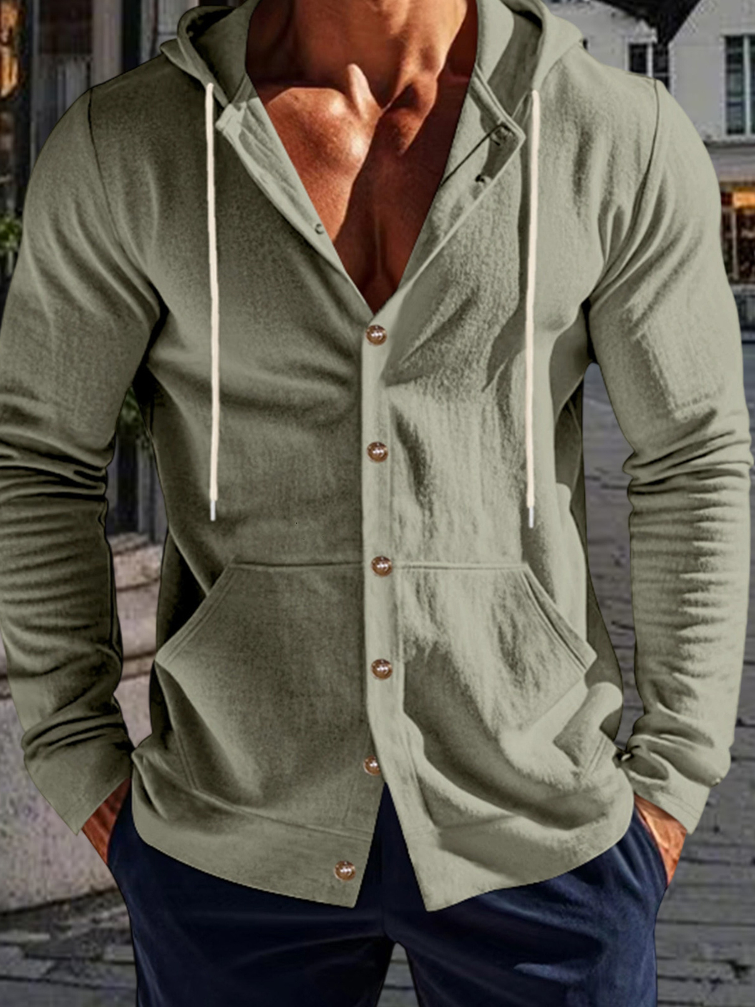 mens summer linen hoodies solid color long sleeve button Temu