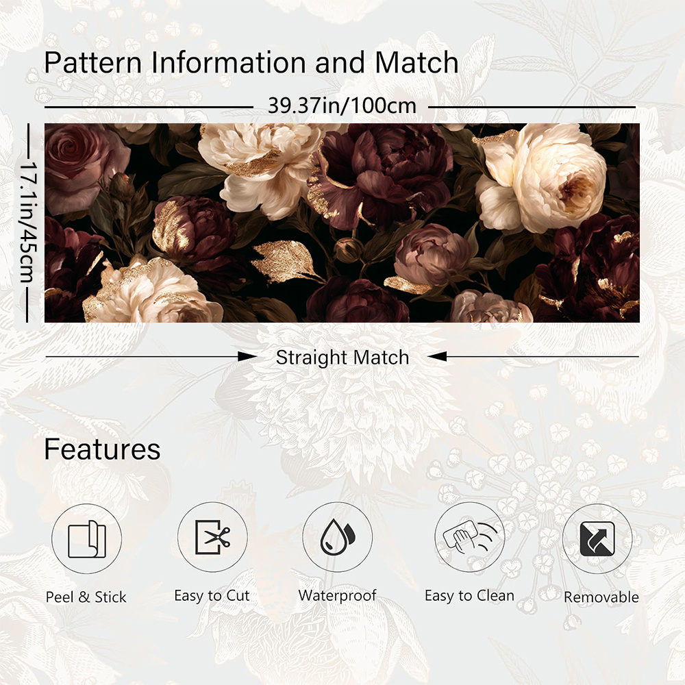 TEMU 1 Roll 45x100cm (17.7x39.4in) Dark Floral Wallpaper Peel And Stick Floral Wall Paper Removable Wipeable Large Contact Paper Self Adhesive For