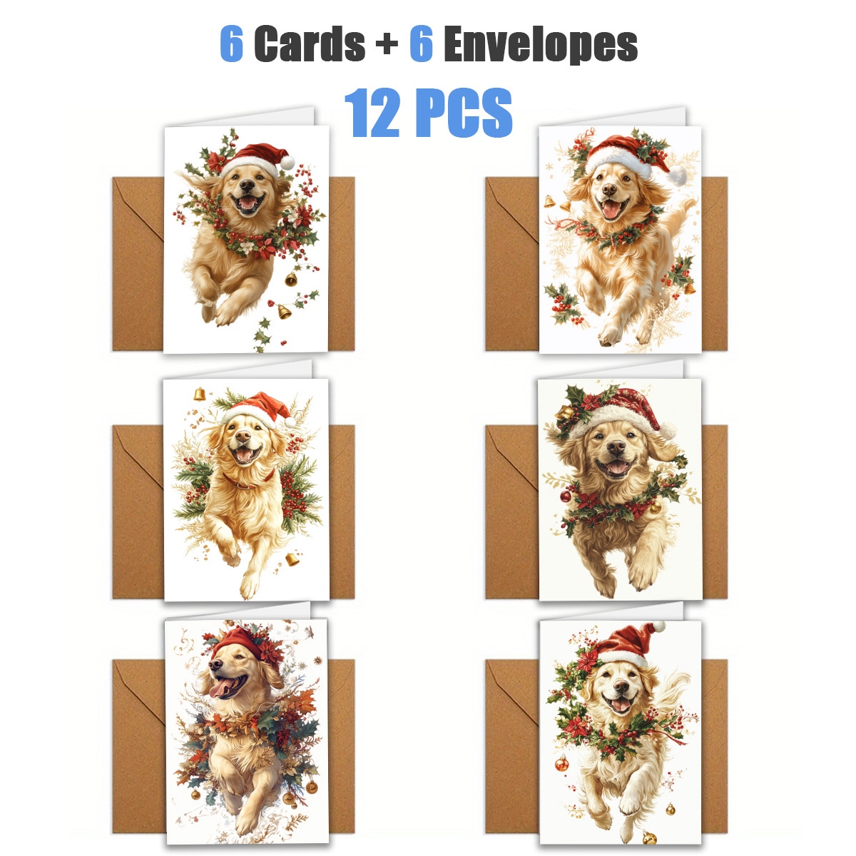 TEMU 1set/ 12pcs/ 24pcs Christmas Greeting Cards With Golden Retrievers Wearing Santa Hats And Wreaths | Includes Envelopes, Greeting Cards | Perfect