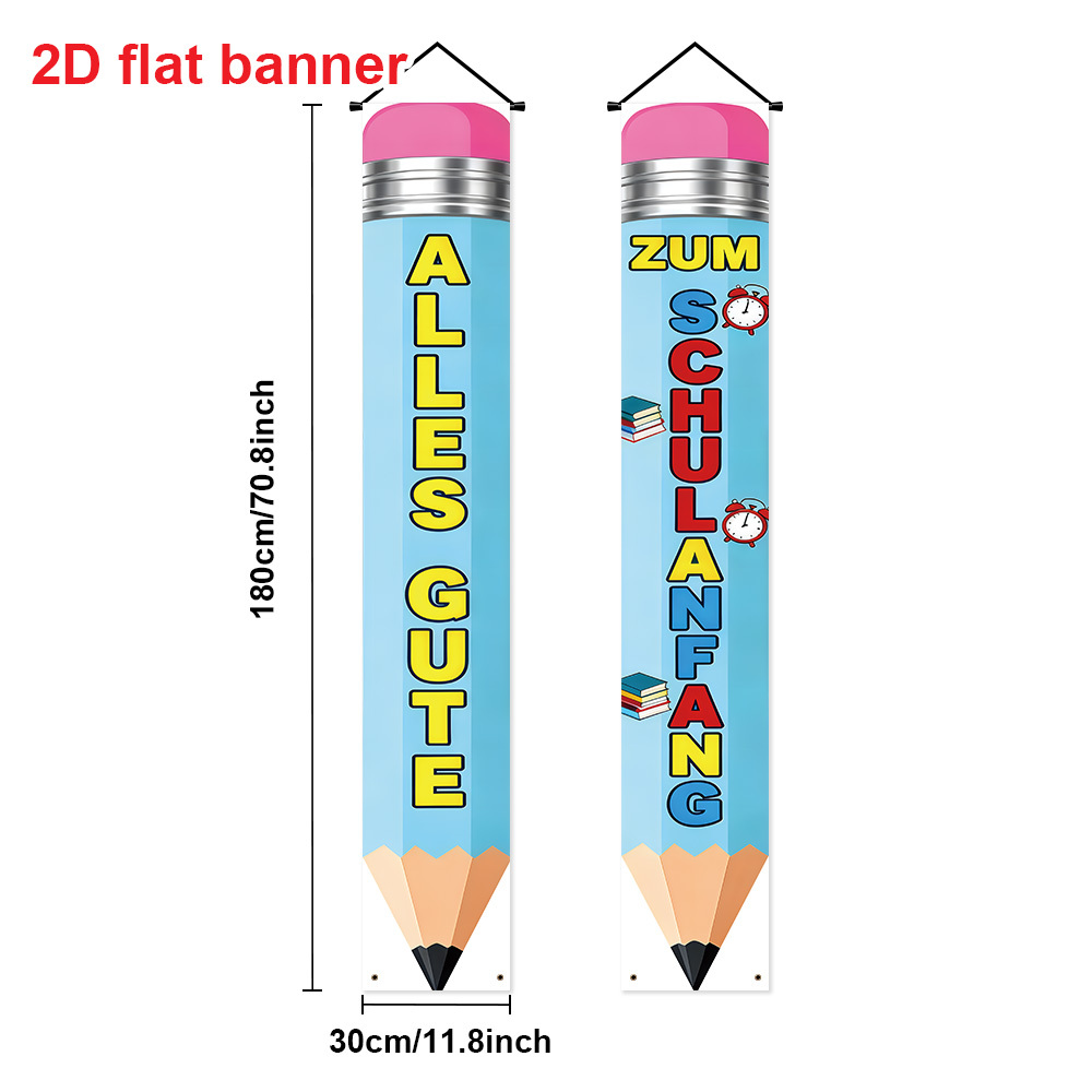 TEMU 2D Flat, 2D Flat - 2D Flat Banner, 2 Stück, Deutsch "Zurück zur Schule" Bleistift Thema Banner - Erster Schultag Thema Banner - "ALLES GUTE ZUM