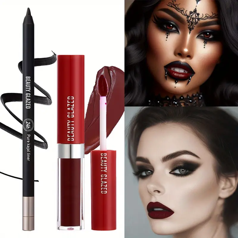 2pcs set dark makeup matte dark red lipstick 2in 1 long Australia