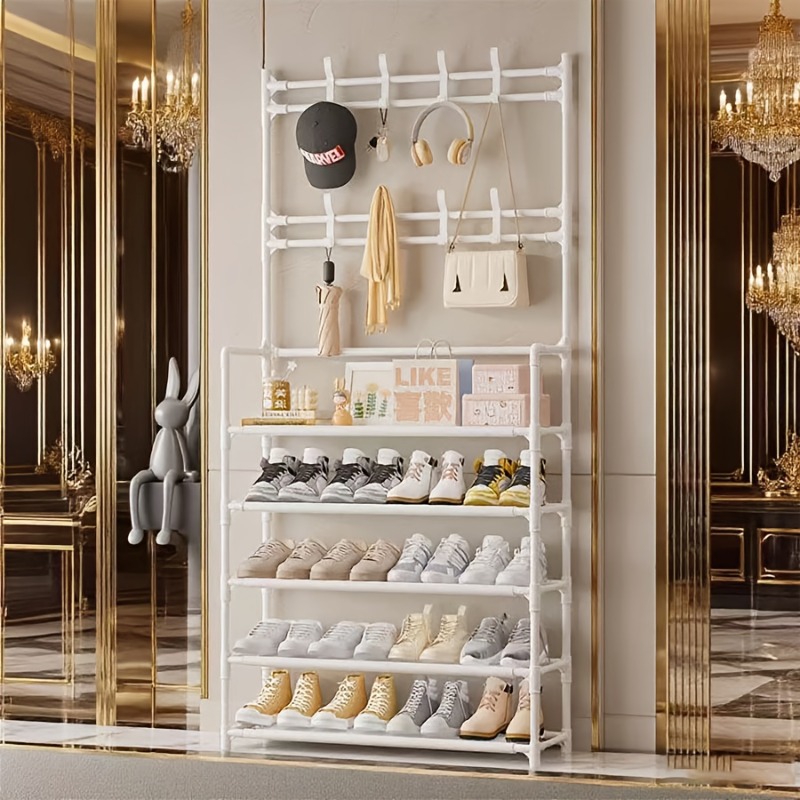 5-Tier Entryway Shelf with Metal Coat Rack And Shoe Rack, Suitable for Front Door Entryway, Entry Shoe Rack with Coat Rack, Multifunctional Entryway Storage Organizer, Suitable for Home, Hallway, Bedroom (White)