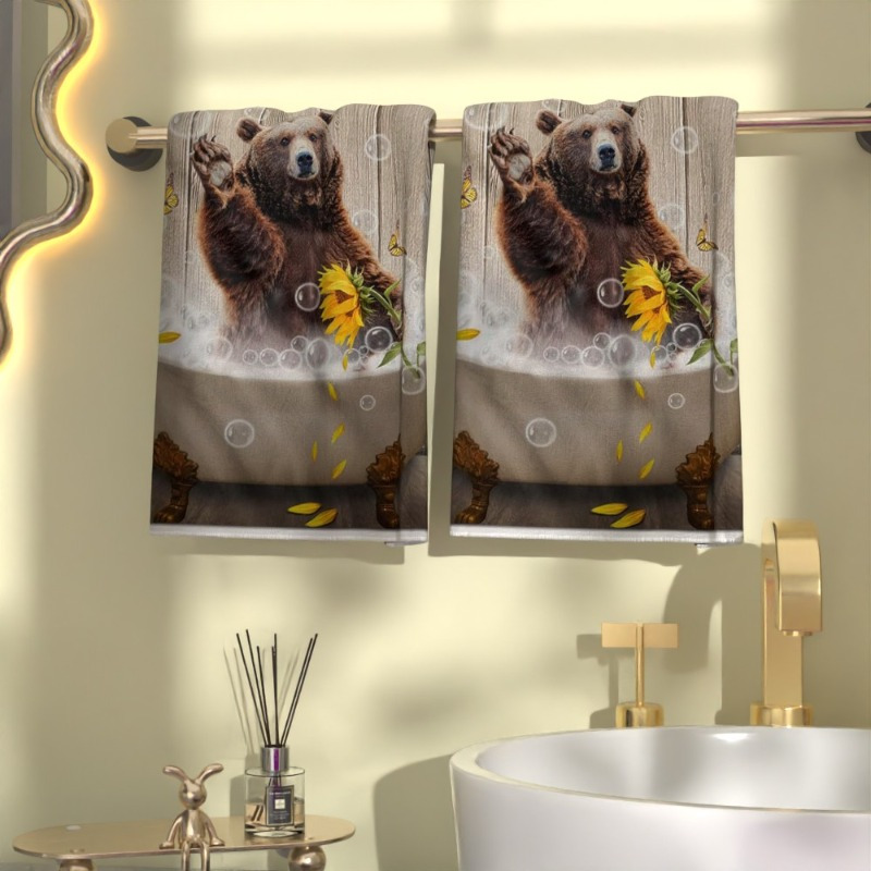 

2pcs Set Bear-themed Soft Towels - 18x26 Inches, Polyester, Kitchen & Bathroom Decor, Unique Art Design, Ideal Gift