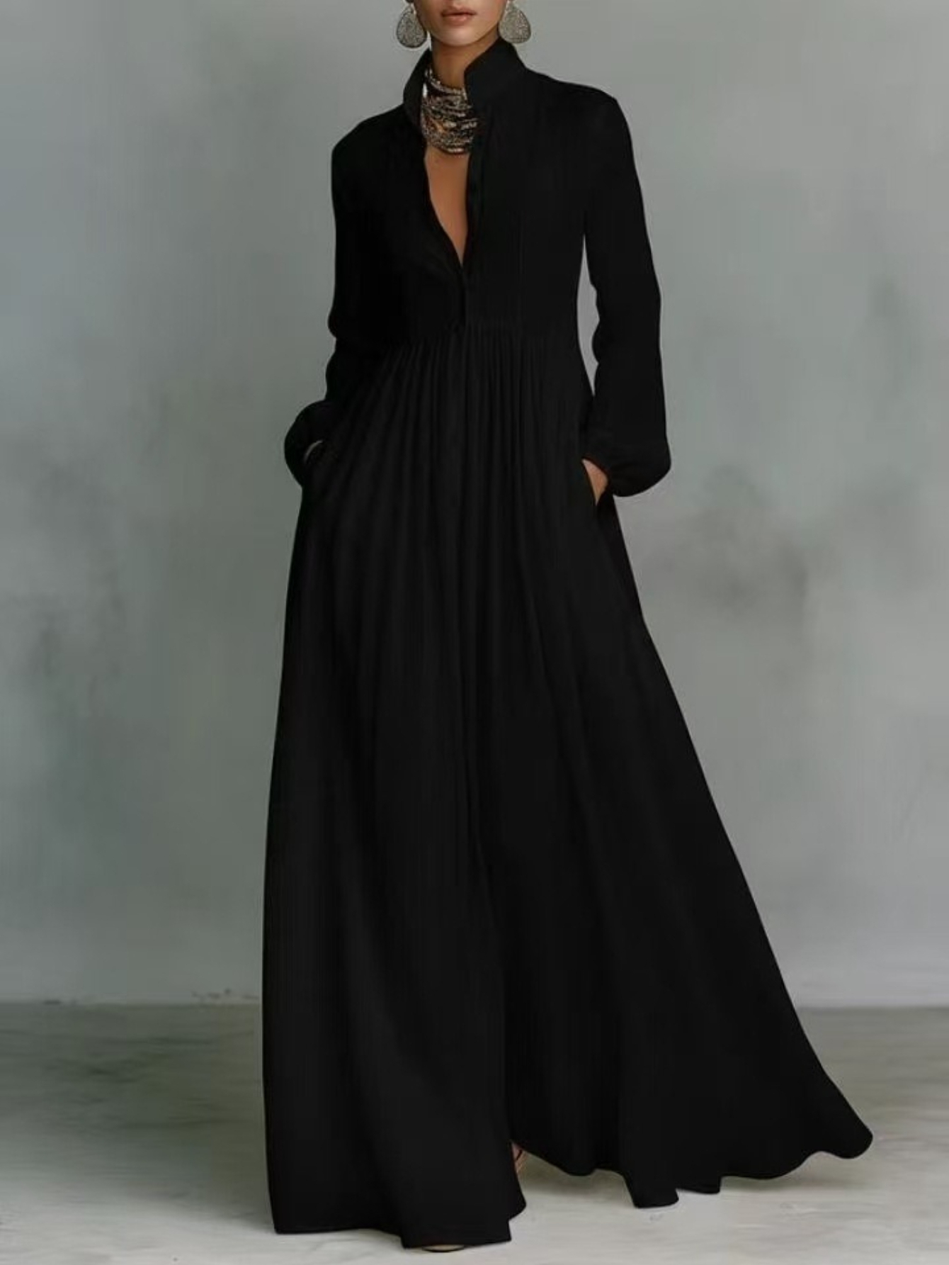 long black dress with pockets Marcella | Phoebe Long Sleeve Dress in Black | Women's Size 2XL | Sustainable European Jersey main image 1