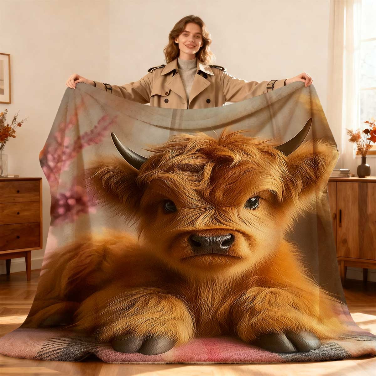 TEMU Highland Cow Blanket | Comfortable And Warm, Long Plush Scottish Cow Print With Vivid Eyes, Multicolor Modern Home Textile, Suitable For Sofa,