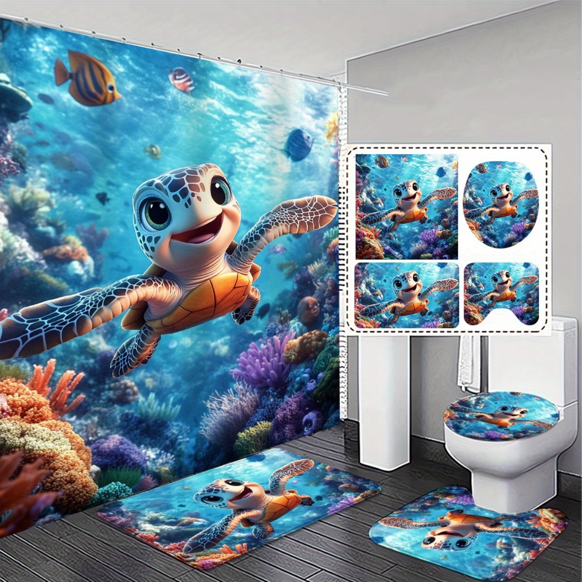 TEMU 4pcs Bathroom Decoration Set, Colorful Ocean Theme 2d Curtain Set With Non-slip Rugs And Toilet Lid Cover With 12 Hooks, For Bathroom Decor