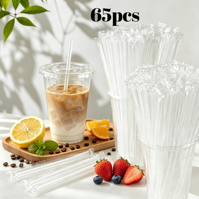 TEMU 35pcs/65pcs Individually Wrapped Transparent Drinking Straws, Suitable For Iced Coffee, Milk Tea, Juice, Lemonade, Smoothies, , Coffee Shop