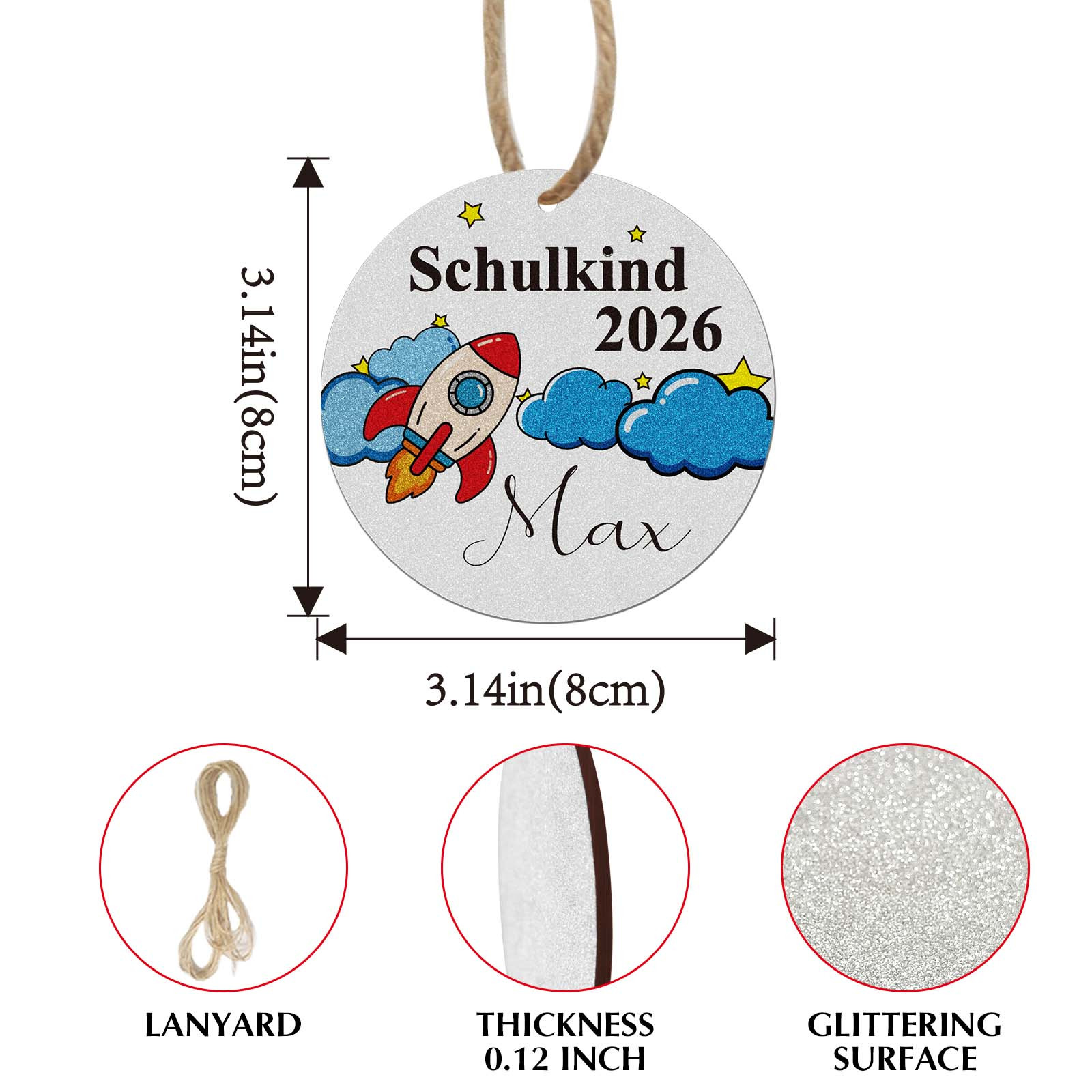 TEMU 1pc Personalized German Back-to-school Tag, Holiday Pendant, Hanging Decoration Party Ornament, Personalized Name, Silvery Shimmering Pendant,