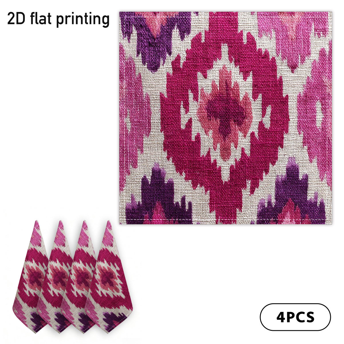 TEMU 2d Flat 4pcs Bohemian Abstract Geometric Pattern Reusable Napkins, Vibrant Pink Purple Ikat Design, Perfect For Festive Dinners, Cafe Table