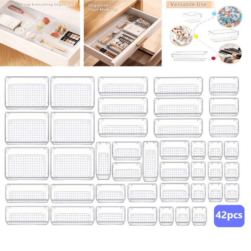TEMU Lot de 42 pièces de tiroirs de bureau en plastique, ensemble d'organisateurs de tiroir, plateau séparateur, boîte de rangement pour coiffeuse,