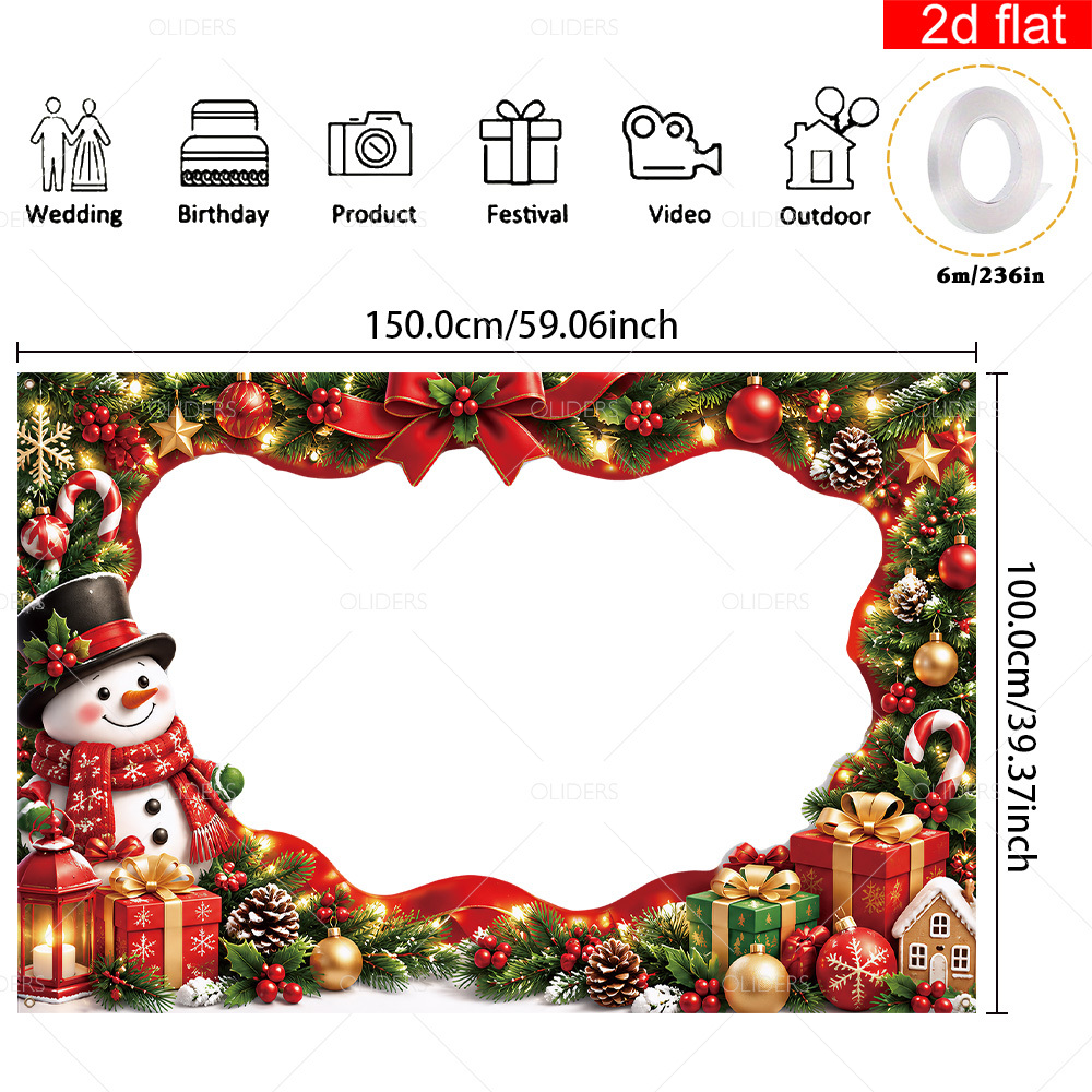 TEMU 2d Flat, 2d Flat Banner 1pc (christmas Photo Frame Style), Made Of, Featuring A Design With Red And Golden Christmas Ornaments, A Snowman, And