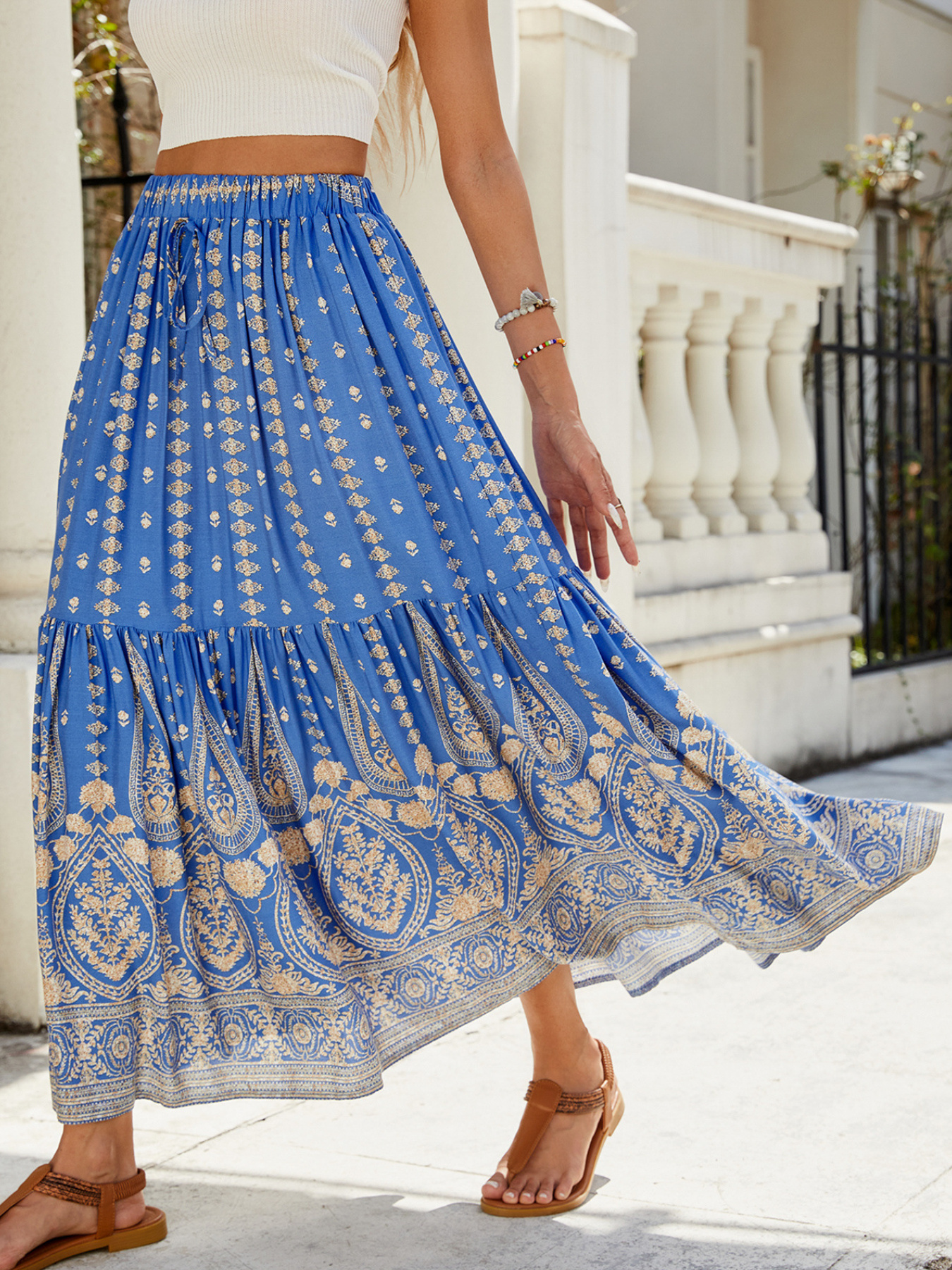 Women's Midi Skirt Exotic Bohemian Full Swing Beach Elastic Waist Pleated Layered Intricate Print Soft Comfortable Warm Fashionable Trendy Vacation Style Summer Daily Beach Date Going Out Women's Wear