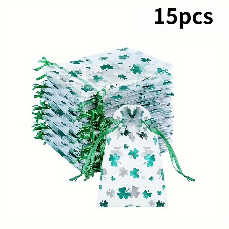TEMU Gift For Her/him 8/15pcs Green Shamrock Print Drawstring Bag Set, From Smooth Satin And Lightweight Organza For A Festive Texture! A Favor Bag