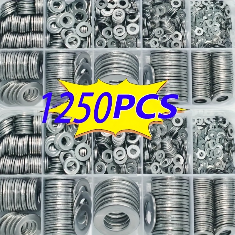 1250 vnt. plokščių poveržlių rinkinys, atsitiktinė dėžutė (M2 M2.5 M3 M4 M5 M6 M8 M10 M12) namų dekorui, gamyklos priežiūrai, virtuvei, parduotuvei ir laukui