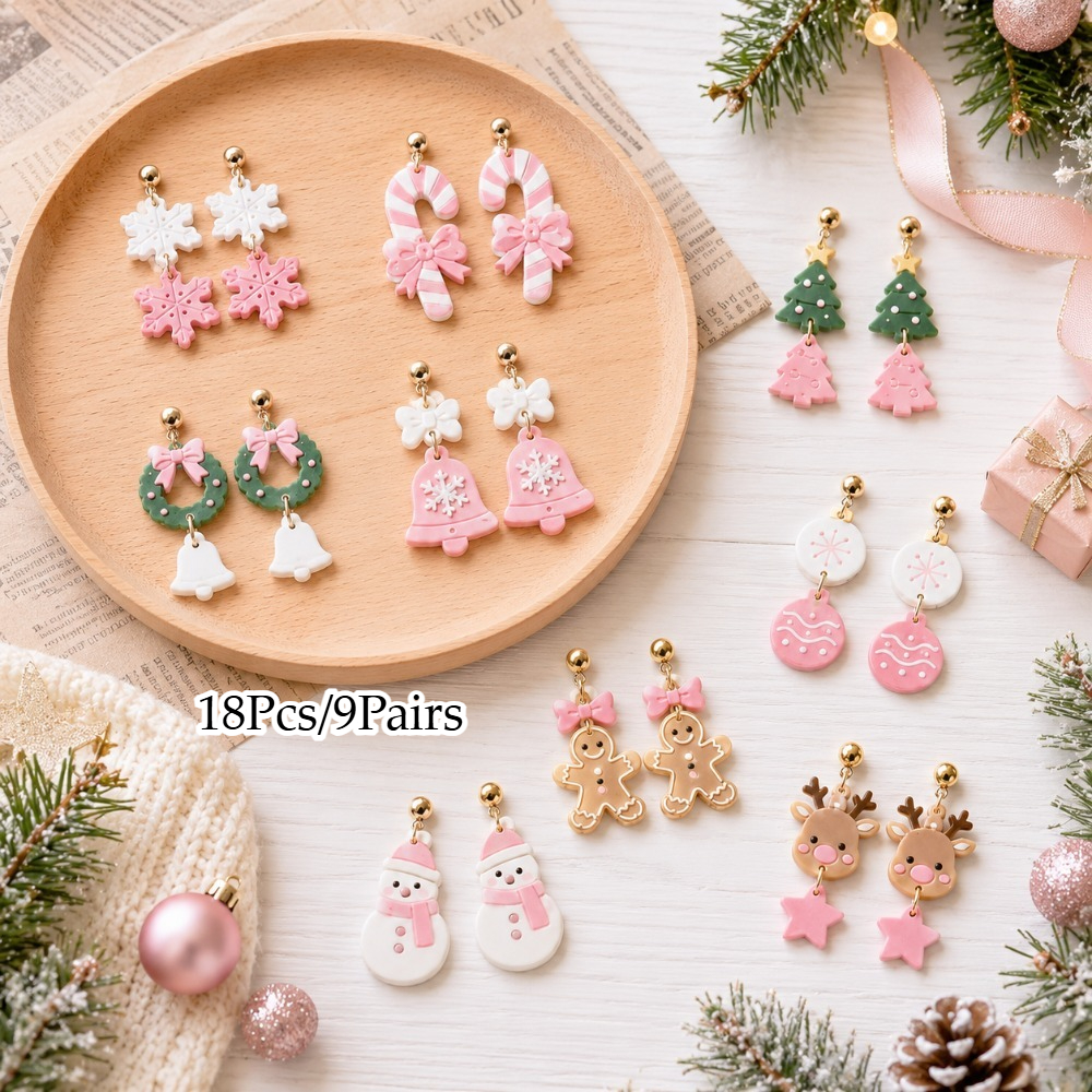 TEMU 18pcs/9pairs Winter Christmas Acrylic Snowflake Dangle Earrings, White Pink Gradient Fresh Elegant Drop Earrings, Sweater Matching Pendant