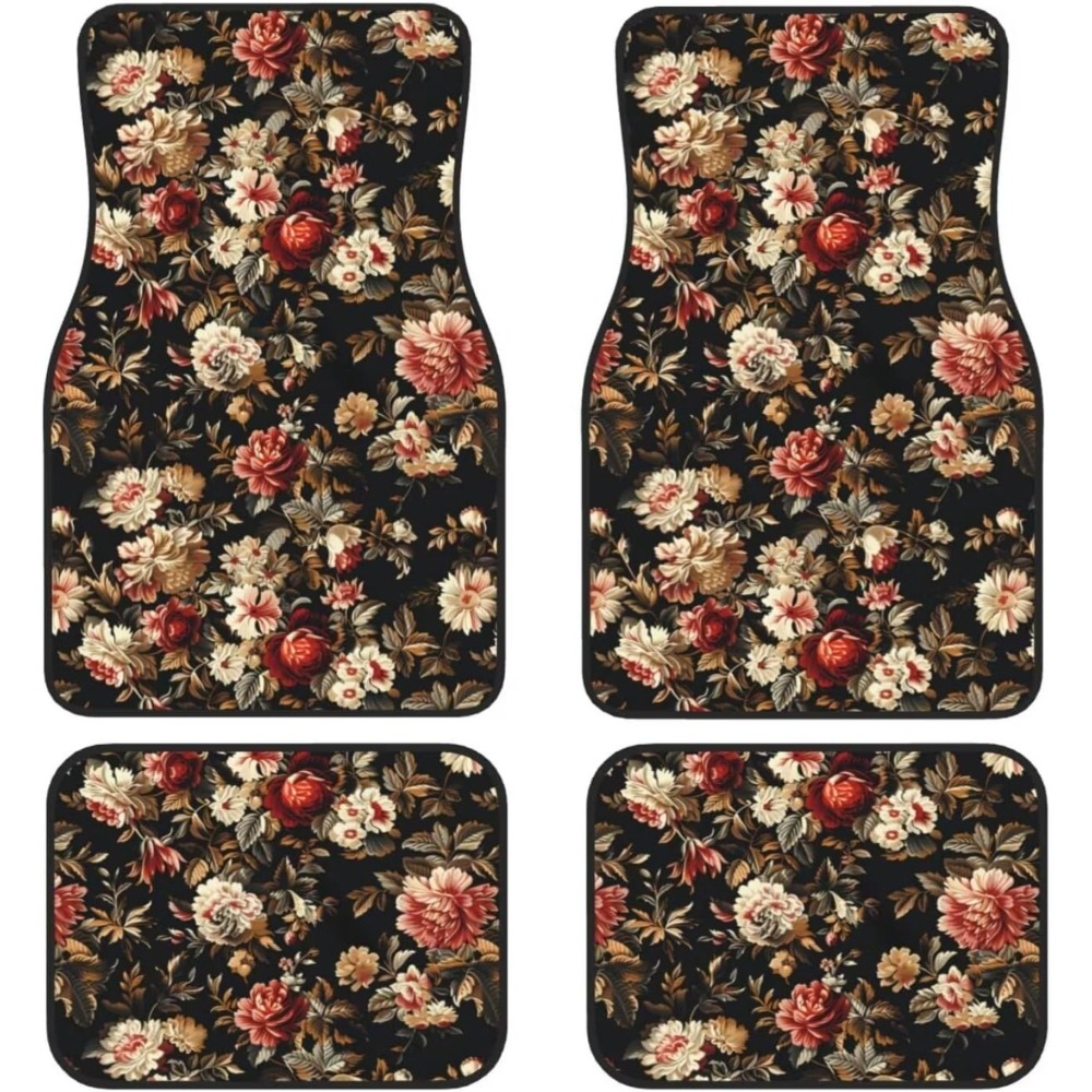 4pcs Set Of Retro Flower Car Floor Mats, Universal Front And Rear Carpet Mats, Including Peony Rose Flower Decoration Patterns, Non-slip Car Interior Accessories, Classic Retro Car Mats