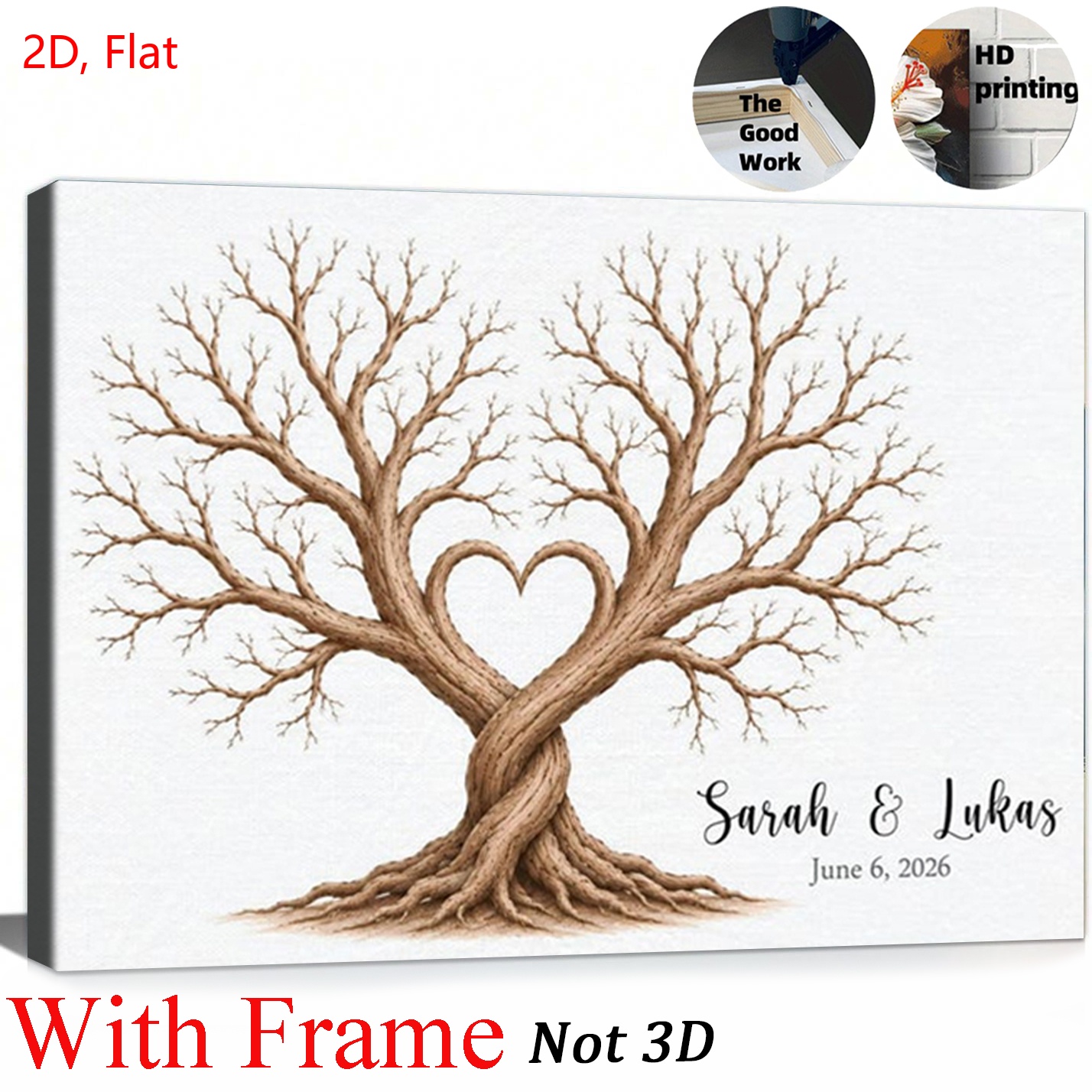TEMU Plat 2D, 1 pièce Plan d' digitales Arbre de Vie - Arbre personnalisé avec /nom/date, encadré ou non, mural vertical rétro, convient pour la