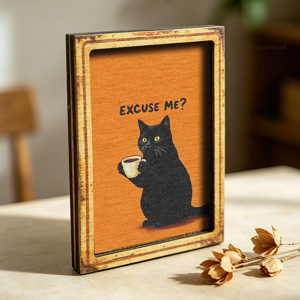 TEMU Adorable Black Cat Fridge Magnet, Wooden Fridge Magnet, Mini Decorative Sign, Fun Illustration Design Of A Cat Holding A Coffee Cup, Background,